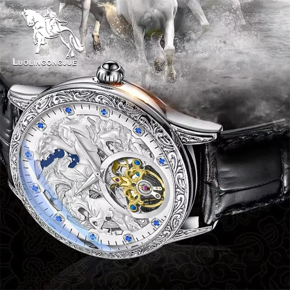 New Eight Horse Mens Watch Fully Automatic Cut Out Waterproof Mechanical Watches Gold Steel Belt Wristwatch Male Gifts