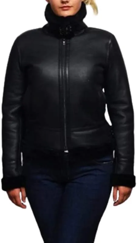 New Womens RAF Aviator Shearling Real Leather Flight Bomber Jacket - Black B3 Faux Fur Bomber Sheepskin Leather Jacket