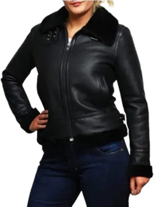 New Womens RAF Aviator Shearling Real Leather Flight Bomber Jacket - Black B3 Faux Fur Bomber Sheepskin Leather Jacket