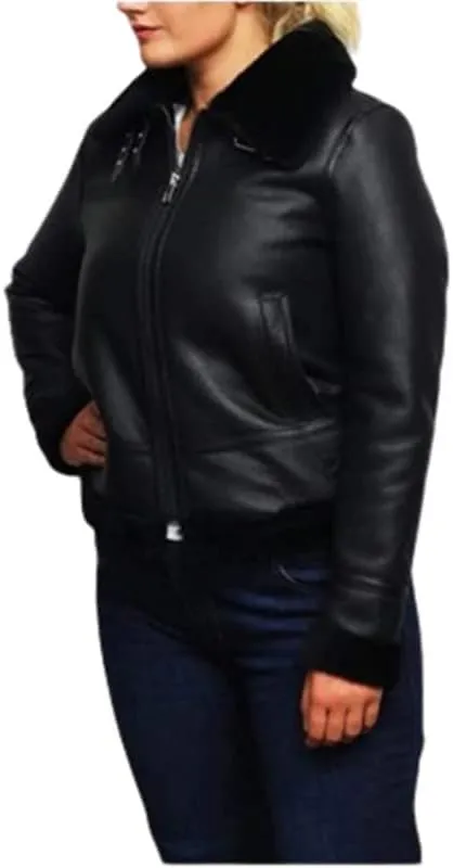 New Womens RAF Aviator Shearling Real Leather Flight Bomber Jacket - Black B3 Faux Fur Bomber Sheepskin Leather Jacket