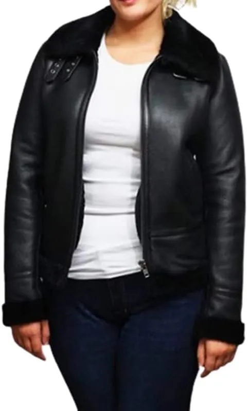 New Womens RAF Aviator Shearling Real Leather Flight Bomber Jacket - Black B3 Faux Fur Bomber Sheepskin Leather Jacket