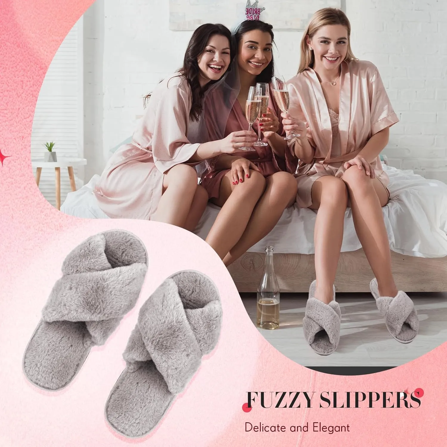 Newcotte 4 Pairs Women's Fuzzy Slippers Bridesmaid Slippers Open Toe Cross Band Plush Furry House Soft Fluffy Cozy