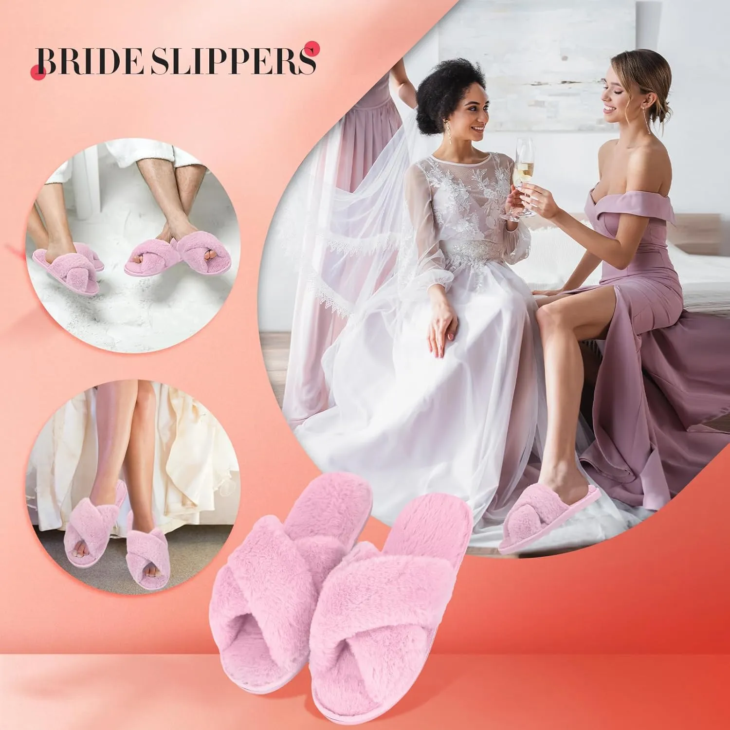 Newcotte 4 Pairs Women's Fuzzy Slippers Bridesmaid Slippers Open Toe Cross Band Plush Furry House Soft Fluffy Cozy