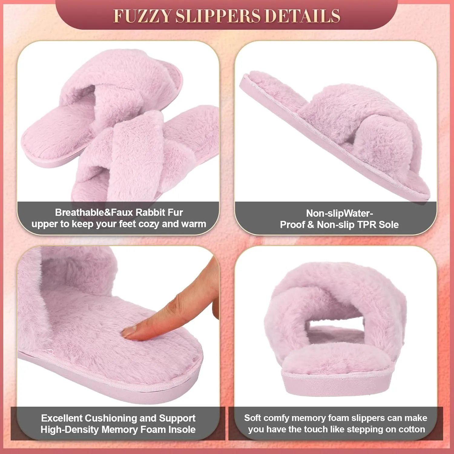 Newcotte 4 Pairs Women's Fuzzy Slippers Bridesmaid Slippers Open Toe Cross Band Plush Furry House Soft Fluffy Cozy