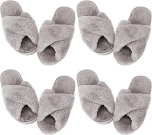 Newcotte 4 Pairs Women's Fuzzy Slippers Bridesmaid Slippers Open Toe Cross Band Plush Furry House Soft Fluffy Cozy