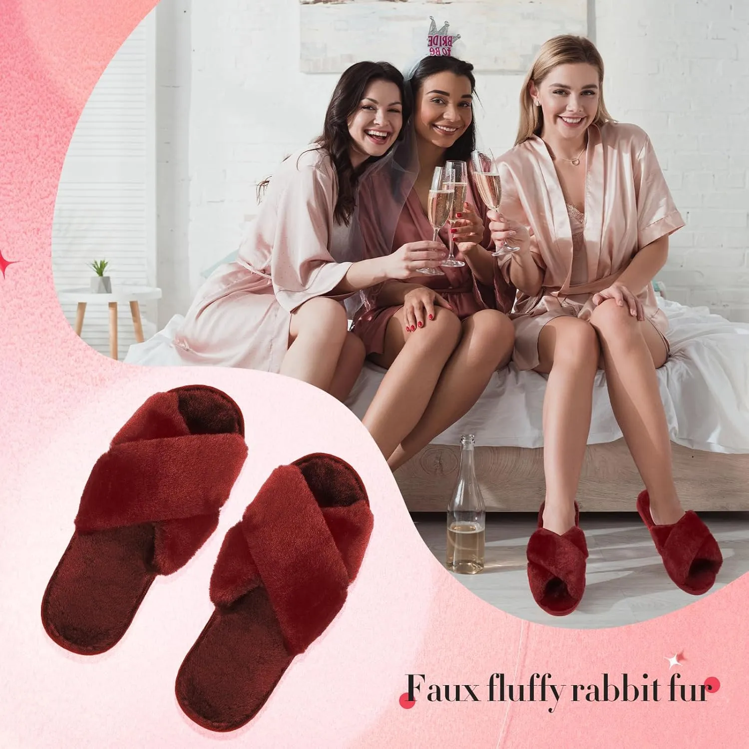 Newcotte 4 Pairs Women's Fuzzy Slippers Bridesmaid Slippers Open Toe Cross Band Plush Furry House Soft Fluffy Cozy