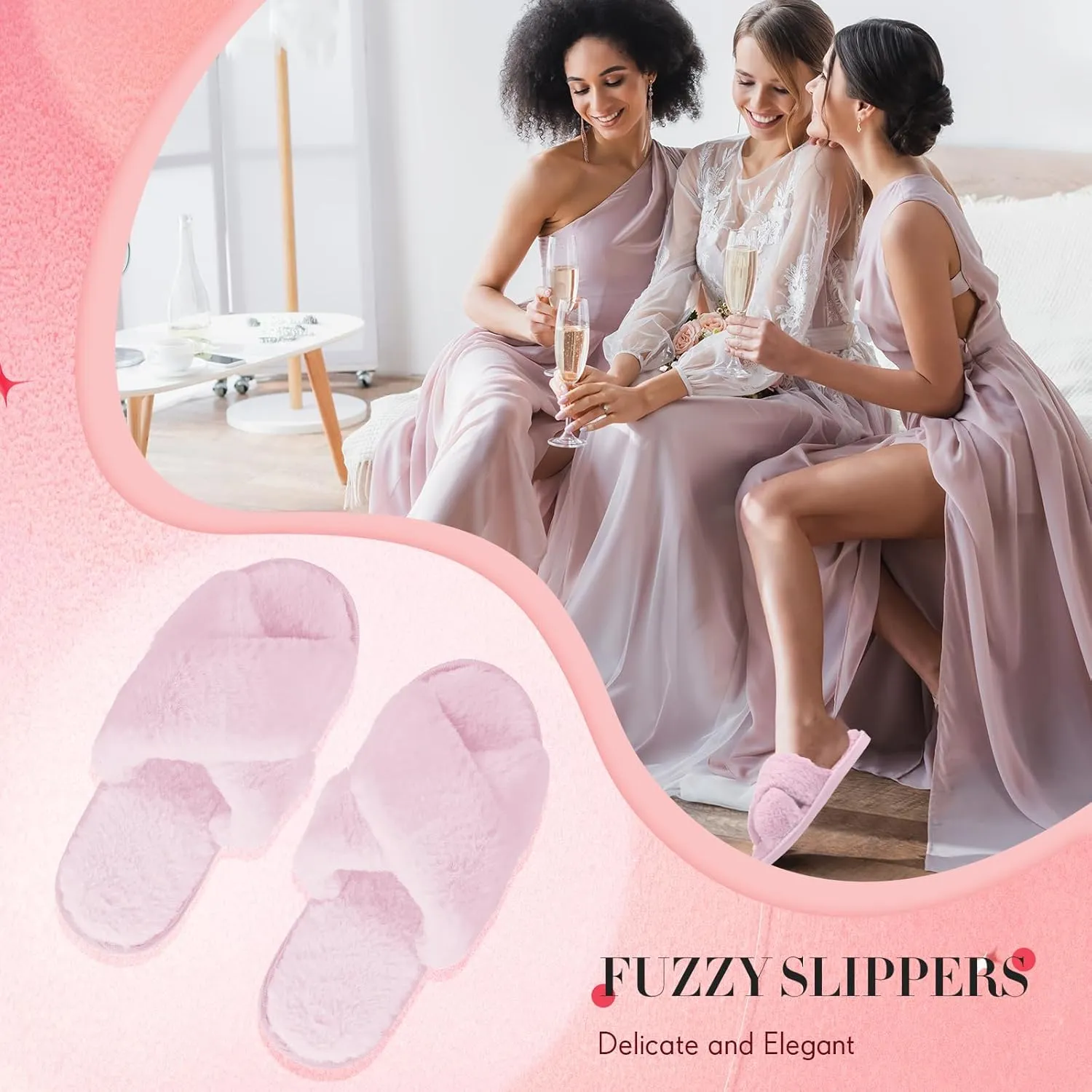 Newcotte 4 Pairs Women's Fuzzy Slippers Bridesmaid Slippers Open Toe Cross Band Plush Furry House Soft Fluffy Cozy