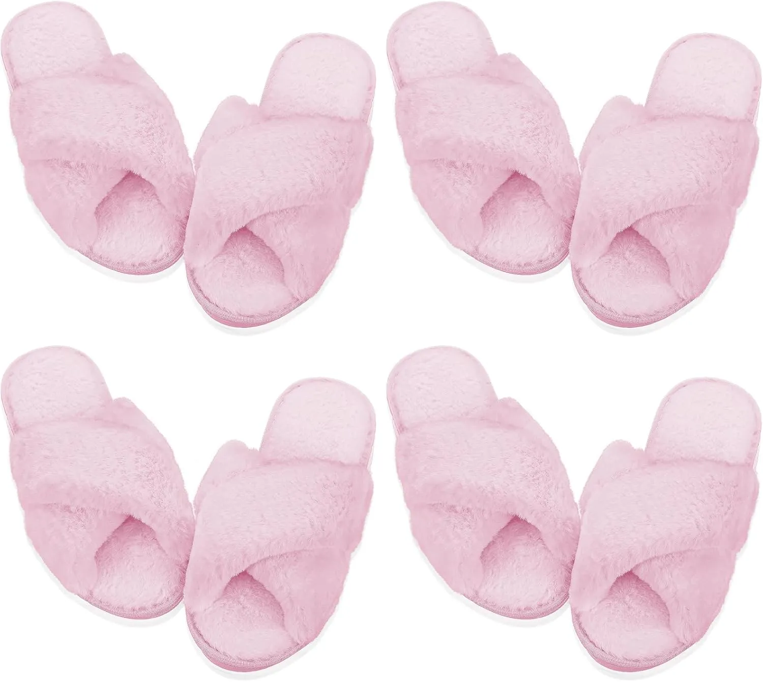 Newcotte 4 Pairs Women's Fuzzy Slippers Bridesmaid Slippers Open Toe Cross Band Plush Furry House Soft Fluffy Cozy