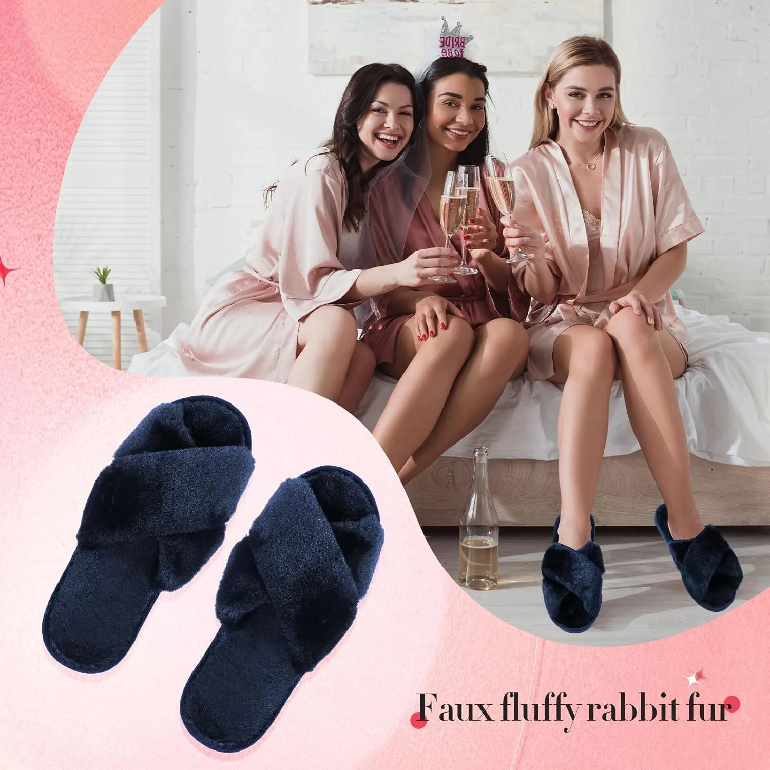 Newcotte 4 Pairs Women's Fuzzy Slippers Bridesmaid Slippers Open Toe Cross Band Plush Furry House Soft Fluffy Cozy