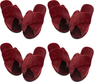 Newcotte 4 Pairs Women's Fuzzy Slippers Bridesmaid Slippers Open Toe Cross Band Plush Furry House Soft Fluffy Cozy