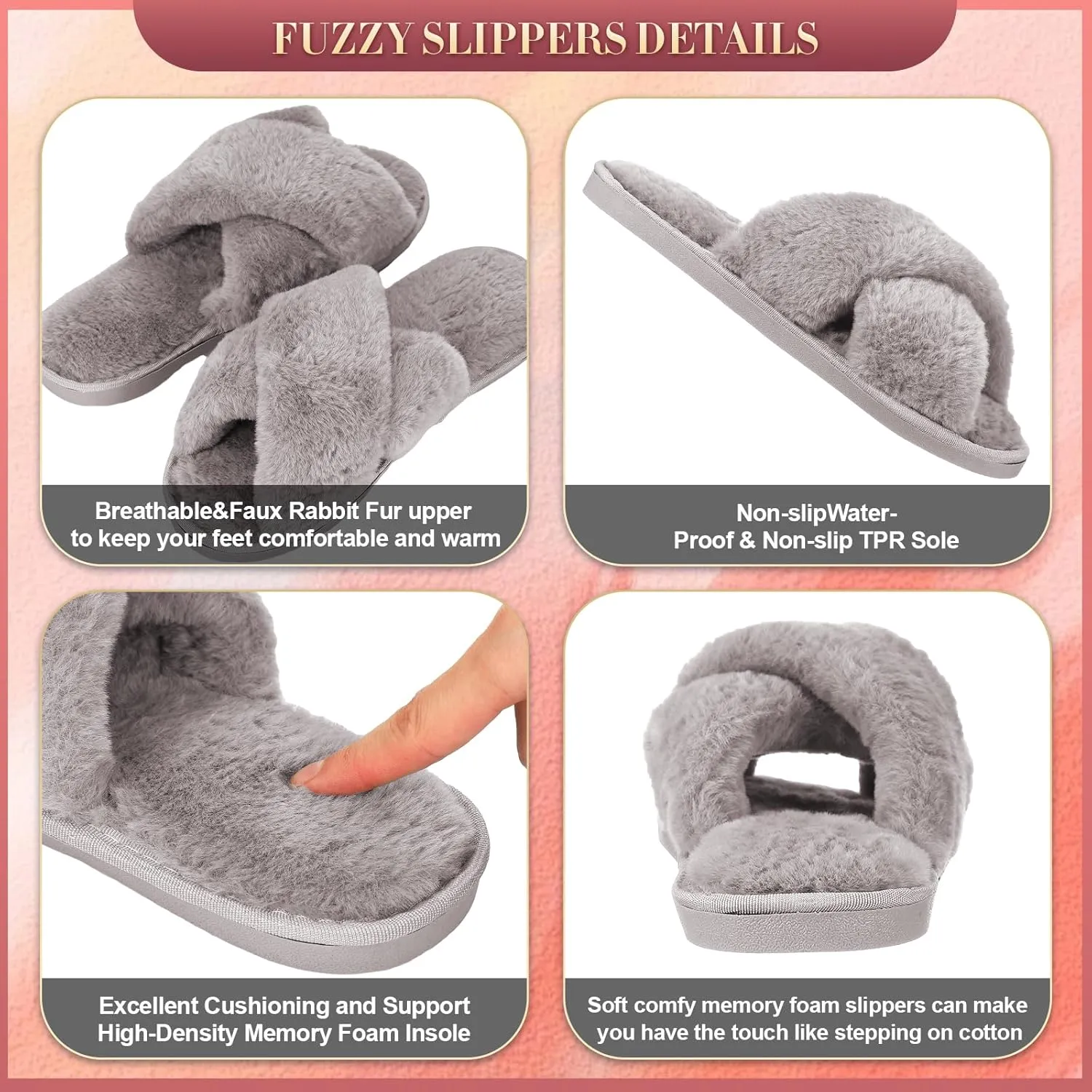 Newcotte 4 Pairs Women's Fuzzy Slippers Bridesmaid Slippers Open Toe Cross Band Plush Furry House Soft Fluffy Cozy