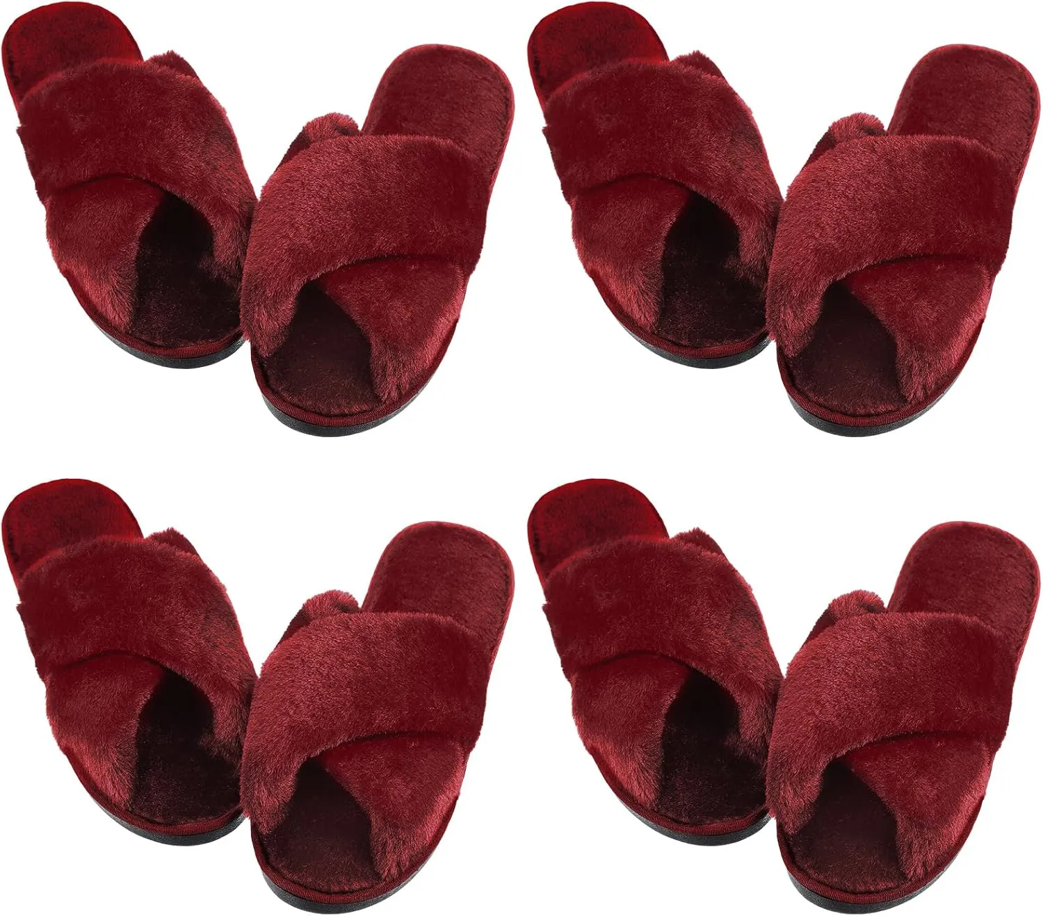 Newcotte 4 Pairs Women's Fuzzy Slippers Bridesmaid Slippers Open Toe Cross Band Plush Furry House Soft Fluffy Cozy