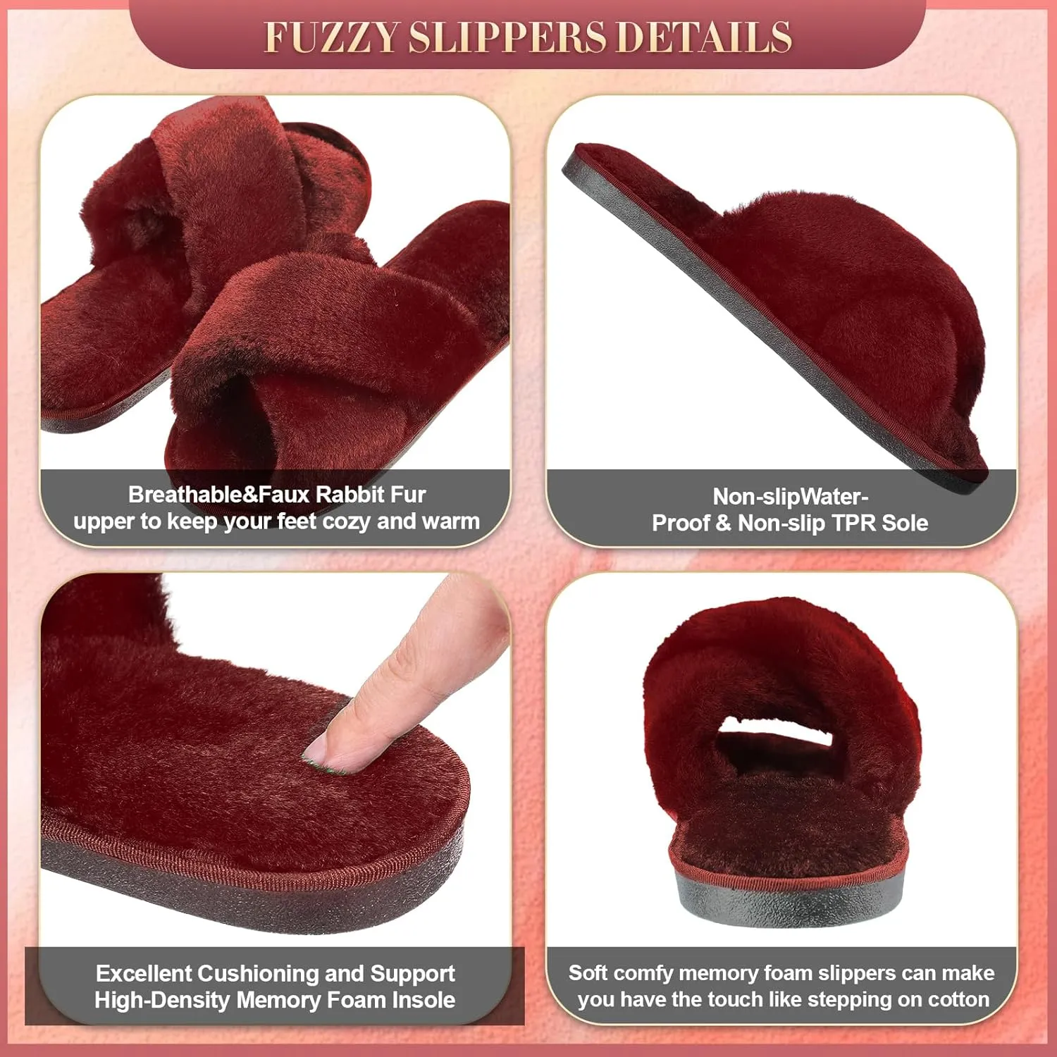 Newcotte 4 Pairs Women's Fuzzy Slippers Bridesmaid Slippers Open Toe Cross Band Plush Furry House Soft Fluffy Cozy