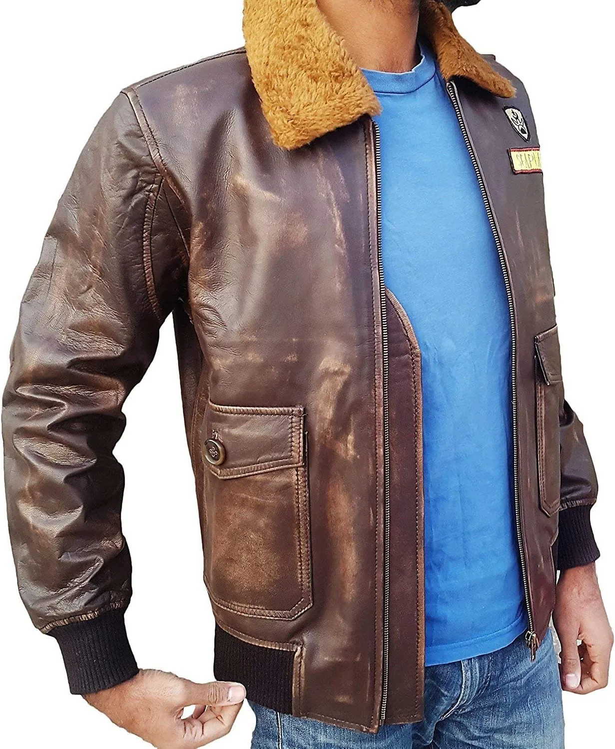 Nick Jonas Jacket G-1 Aviator Vintage Rubb Off Distressed Brown Leather Jacket