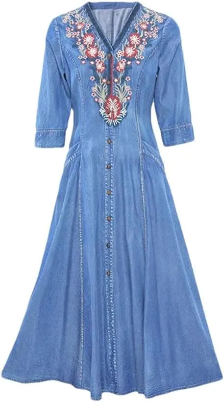 Niiyyjj Women's Vintage Blue Denim Maxi Dress 3/4 Sleeve Embroidery Chinese Style Casual Loose Fit Dress