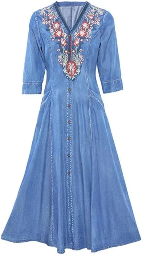 Niiyyjj Women's Vintage Blue Denim Maxi Dress 3/4 Sleeve Embroidery Chinese Style Casual Loose Fit Dress