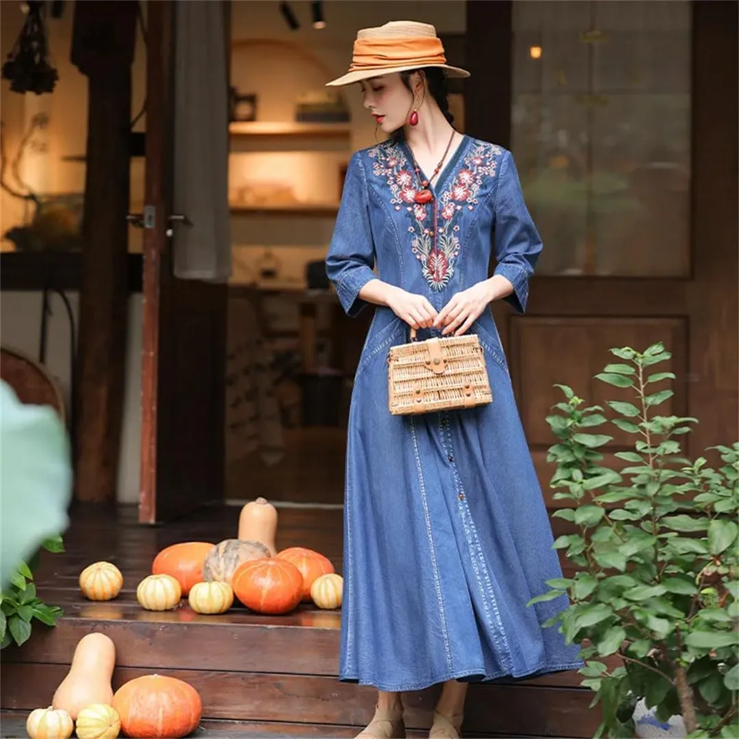 Niiyyjj Women's Vintage Blue Denim Maxi Dress 3/4 Sleeve Embroidery Chinese Style Casual Loose Fit Dress