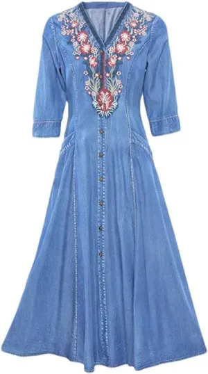Niiyyjj Women's Vintage Blue Denim Maxi Dress 3/4 Sleeve Embroidery Chinese Style Casual Loose Fit Dress