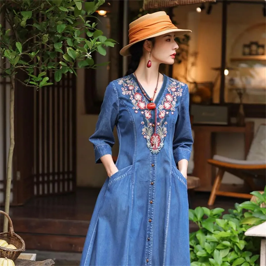 Niiyyjj Women's Vintage Blue Denim Maxi Dress 3/4 Sleeve Embroidery Chinese Style Casual Loose Fit Dress