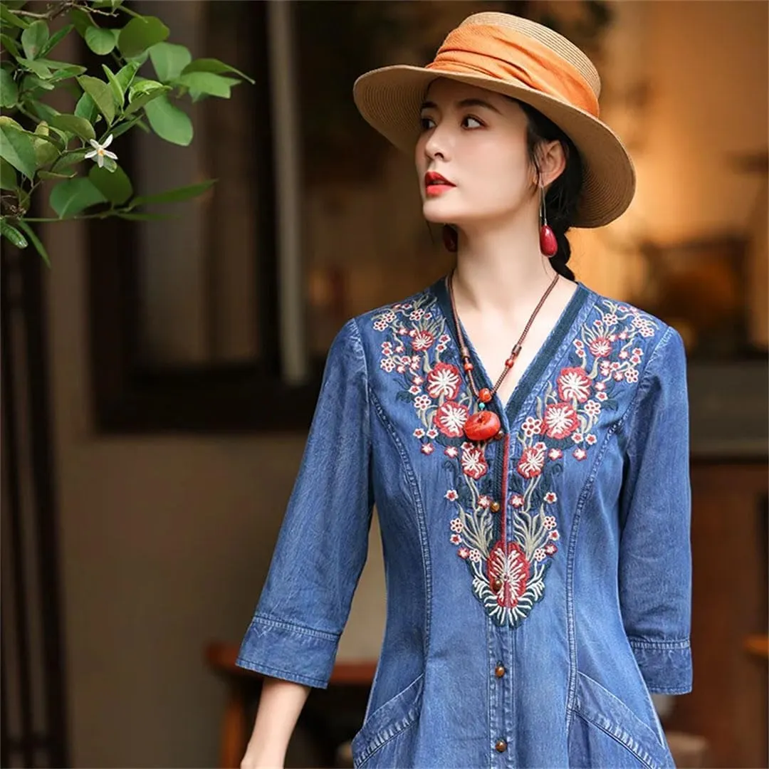 Niiyyjj Women's Vintage Blue Denim Maxi Dress 3/4 Sleeve Embroidery Chinese Style Casual Loose Fit Dress