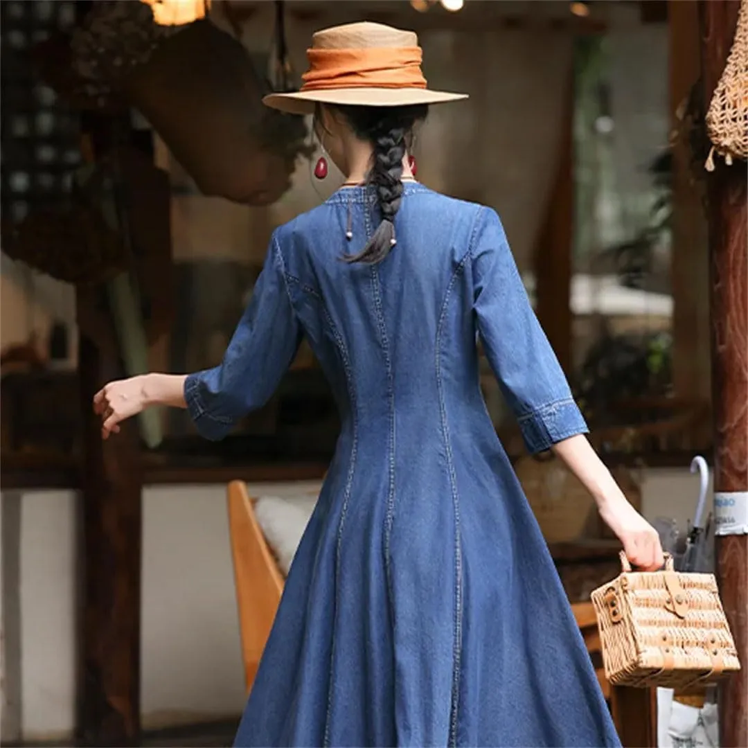 Niiyyjj Women's Vintage Blue Denim Maxi Dress 3/4 Sleeve Embroidery Chinese Style Casual Loose Fit Dress