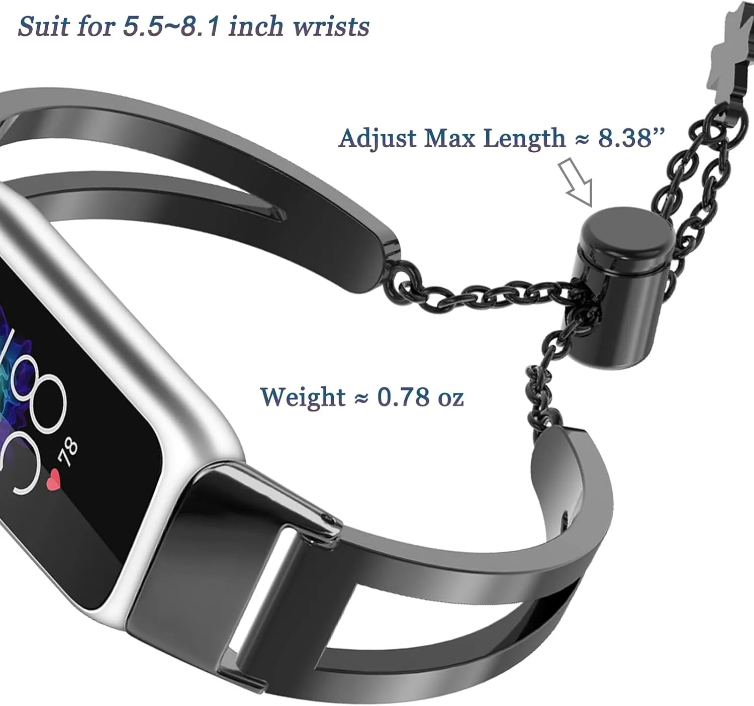 Ninki Slim Bracelet Compatible with Fitbit Luxe Bands for Women - Metal, Dressy Bracelet Adjustable Strap Ladies Jewelry Chain Slim Replacement Band for Fitbit Luxe - Black