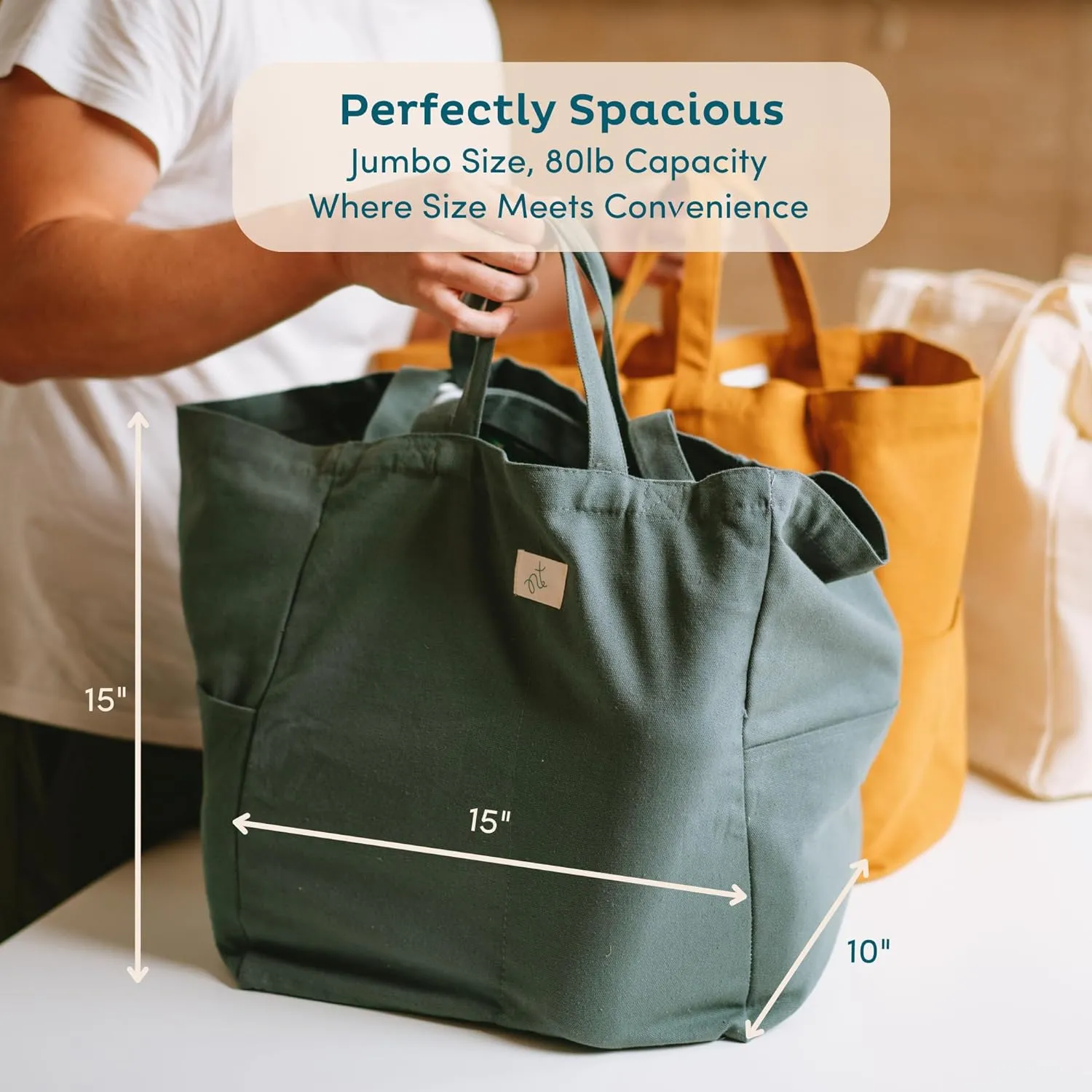 Nook Theory 3 Pcs Reusable Grocery Bags - Heavy Duty Canvas Bags, Large Reusable Shopping Bag, Picnic, 100% Cotton (Black)