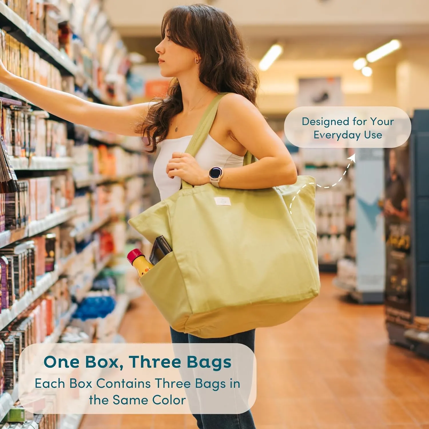 Nook Theory 3 Pcs Reusable Grocery Bags - Heavy Duty Canvas Bags, Large Reusable Shopping Bag, Picnic, 100% Cotton (Black)
