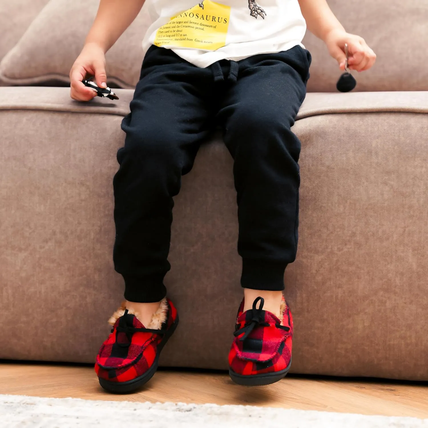 NORTY Size Fleece Buffalo Plaid Slippers for Kids- Slip-On Toddler House Shoes for Boys and Girls - Suede Sole - Runs True to Size