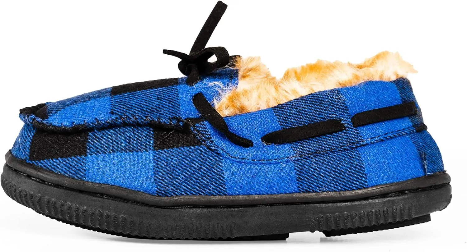 NORTY Size Fleece Buffalo Plaid Slippers for Kids- Slip-On Toddler House Shoes for Boys and Girls - Suede Sole - Runs True to Size