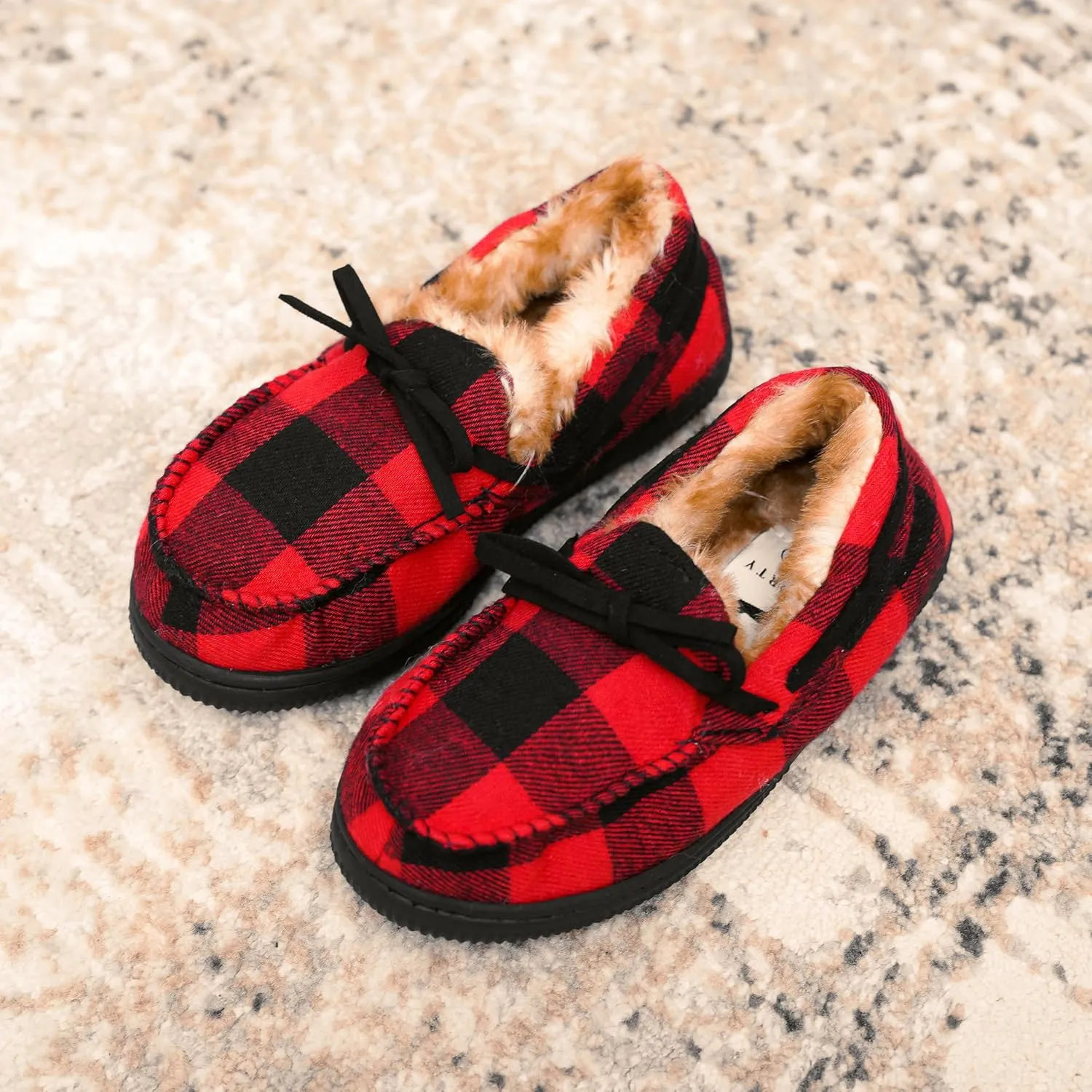 NORTY Size Fleece Buffalo Plaid Slippers for Kids- Slip-On Toddler House Shoes for Boys and Girls - Suede Sole - Runs True to Size