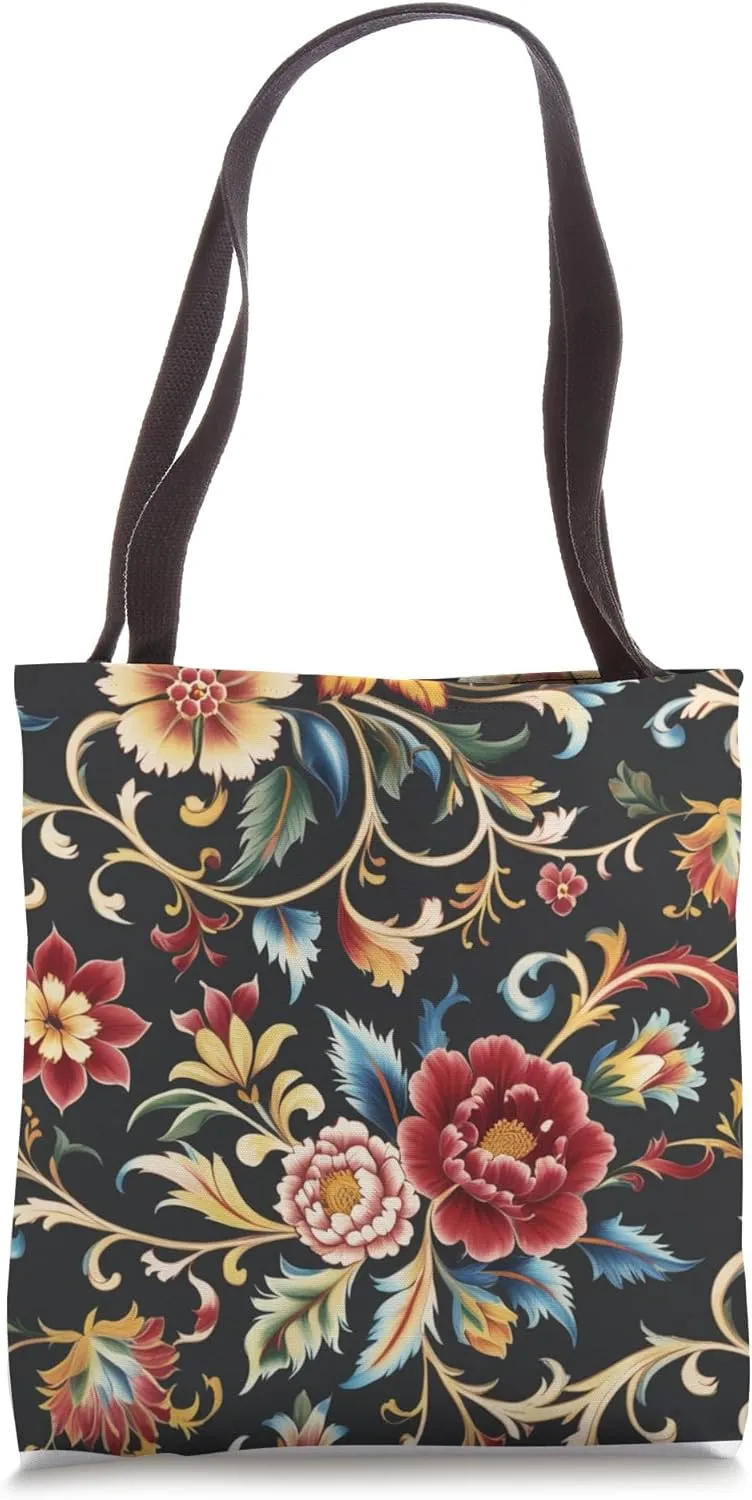 Norwegian Rosemaling Folk Art Floral Design Tote Bag