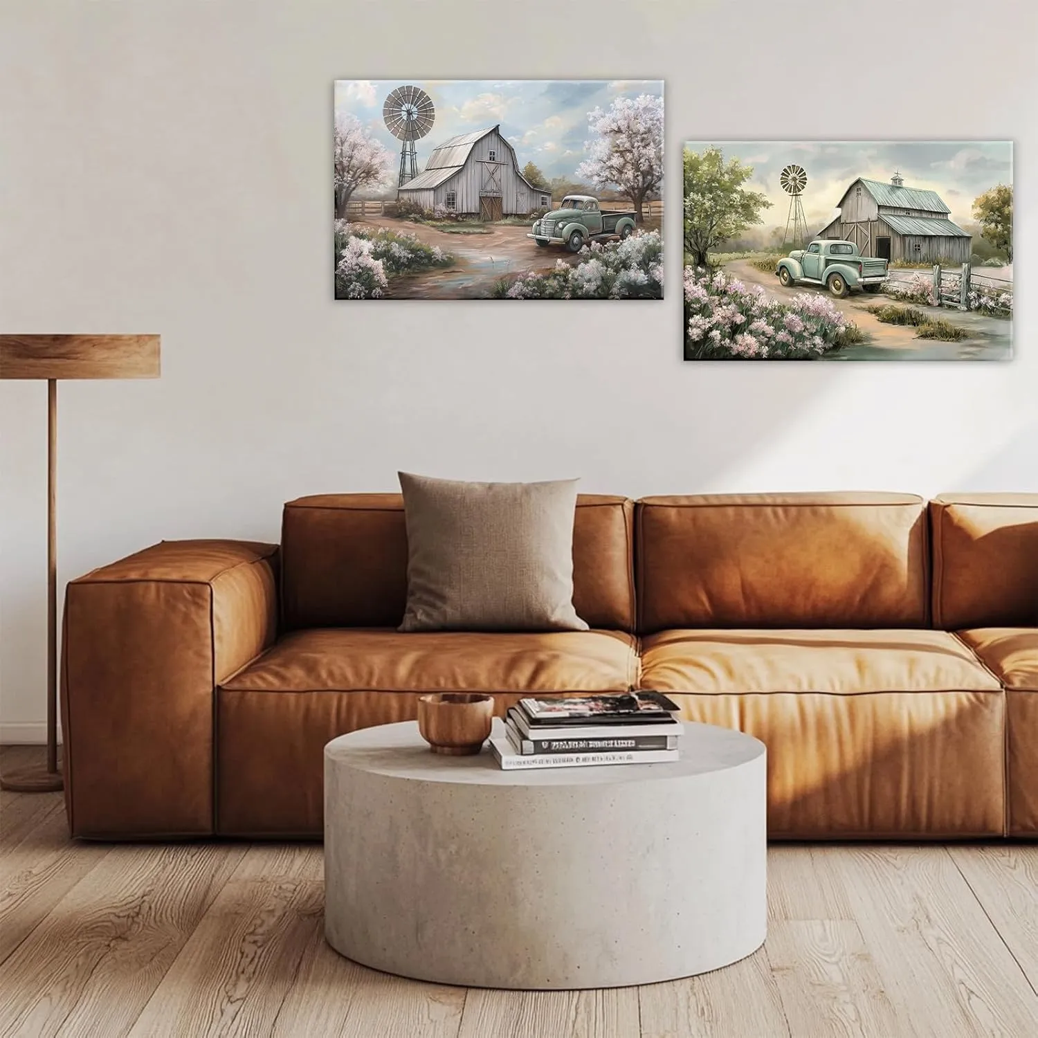 OAAPITI Barn Canvas Wall Art 2 Panel Rustic Farm Nature Landscape Pictures Wall Decor Retro Pink Flower Field Windmill Posters Artwork For Bathroom Bedroom Living Room(Artwork-2,12"x16"x2pcs)