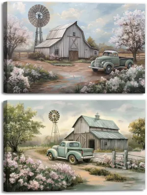 OAAPITI Barn Canvas Wall Art 2 Panel Rustic Farm Nature Landscape Pictures Wall Decor Retro Pink Flower Field Windmill Posters Artwork For Bathroom Bedroom Living Room(Artwork-2,12"x16"x2pcs)