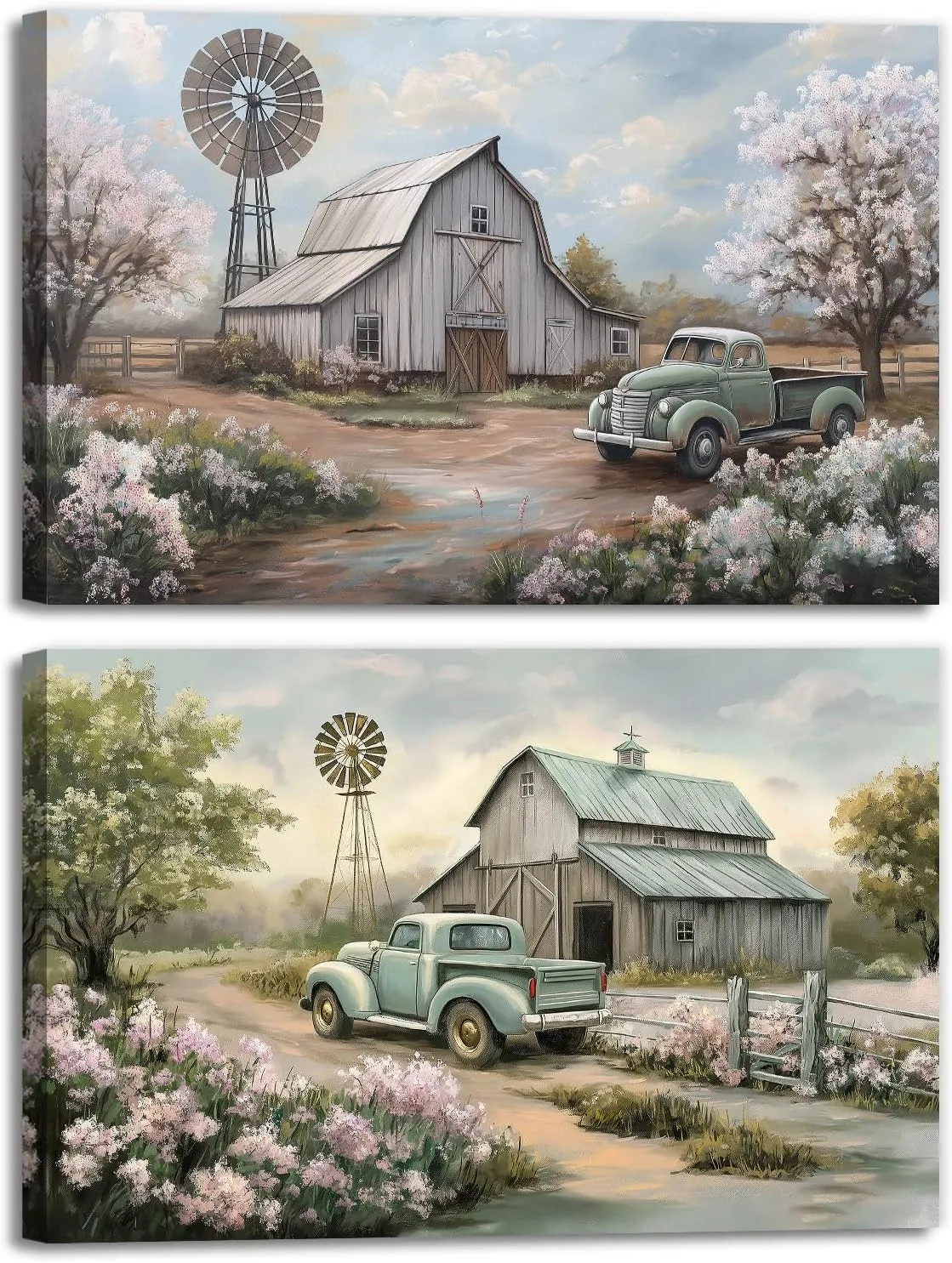 OAAPITI Barn Canvas Wall Art 2 Panel Rustic Farm Nature Landscape Pictures Wall Decor Retro Pink Flower Field Windmill Posters Artwork For Bathroom Bedroom Living Room(Artwork-2,12"x16"x2pcs)