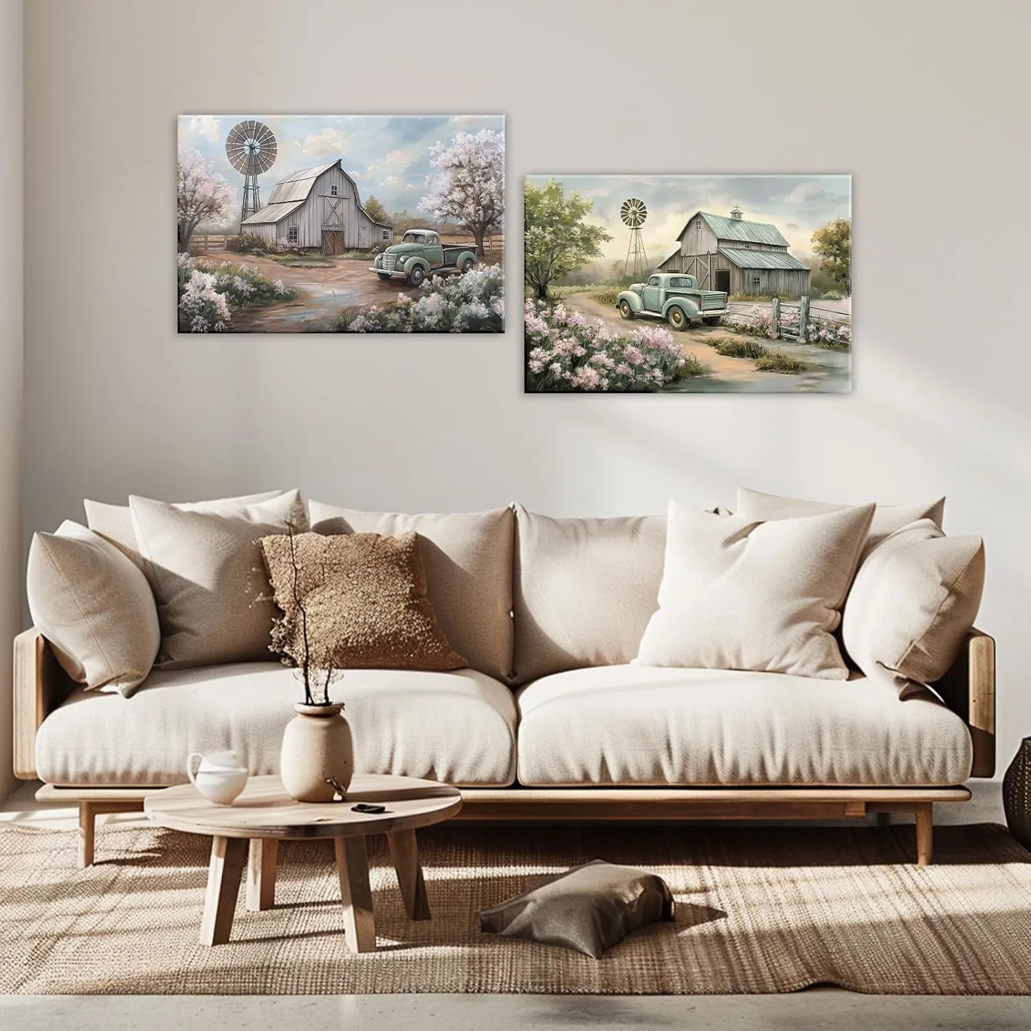OAAPITI Barn Canvas Wall Art 2 Panel Rustic Farm Nature Landscape Pictures Wall Decor Retro Pink Flower Field Windmill Posters Artwork For Bathroom Bedroom Living Room(Artwork-2,12"x16"x2pcs)