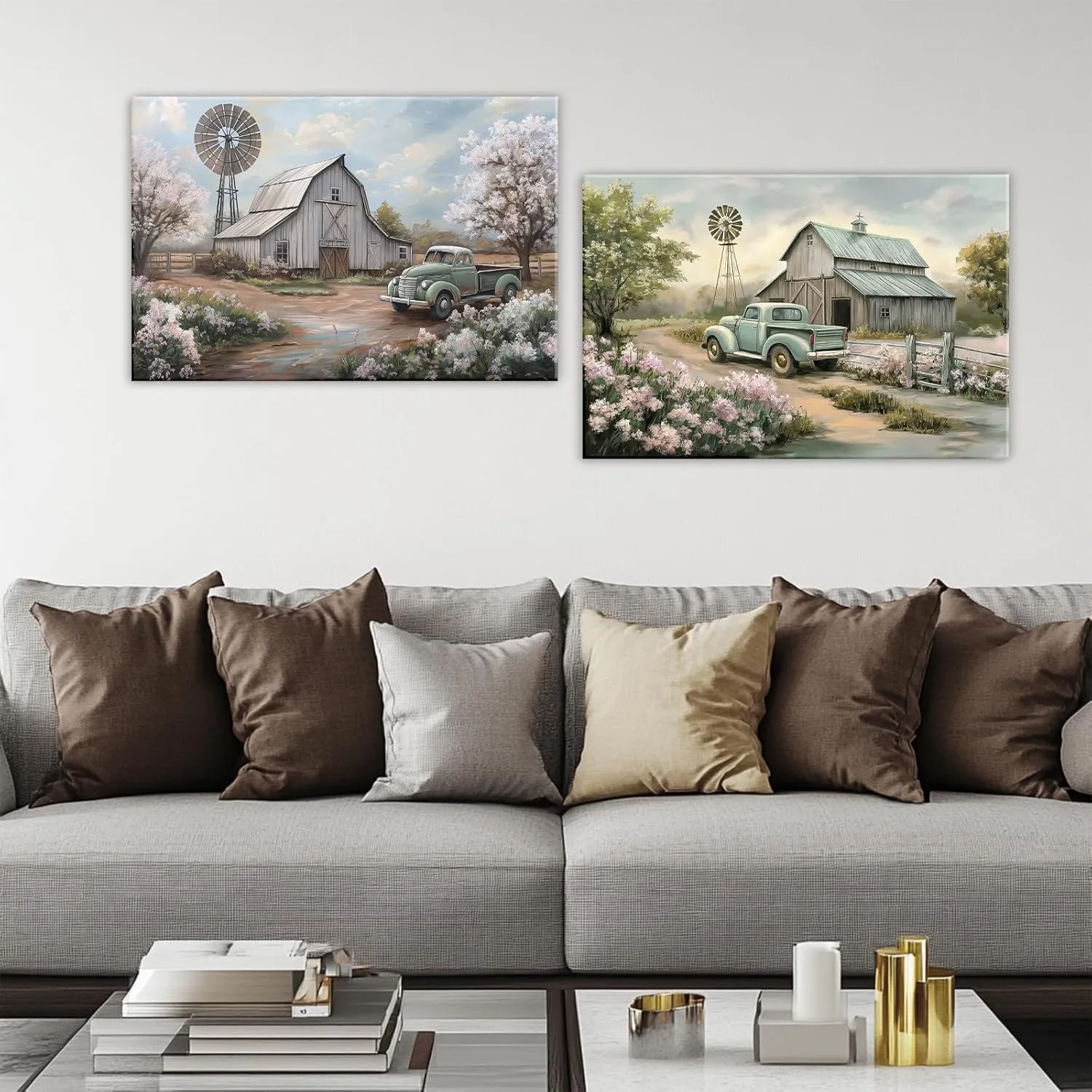 OAAPITI Barn Canvas Wall Art 2 Panel Rustic Farm Nature Landscape Pictures Wall Decor Retro Pink Flower Field Windmill Posters Artwork For Bathroom Bedroom Living Room(Artwork-2,12"x16"x2pcs)