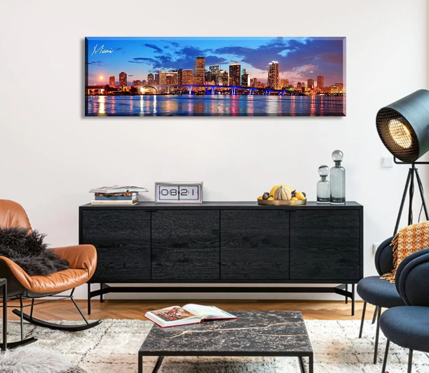 Office Wall Decor Miami Skyline Wall Art Panoramic Cityscape Picture Modern USA City Night View Canvas Prints for Bedroom Living Room Home Decoration Stretched and Framed Ready to Hang 13.8"x45.3"