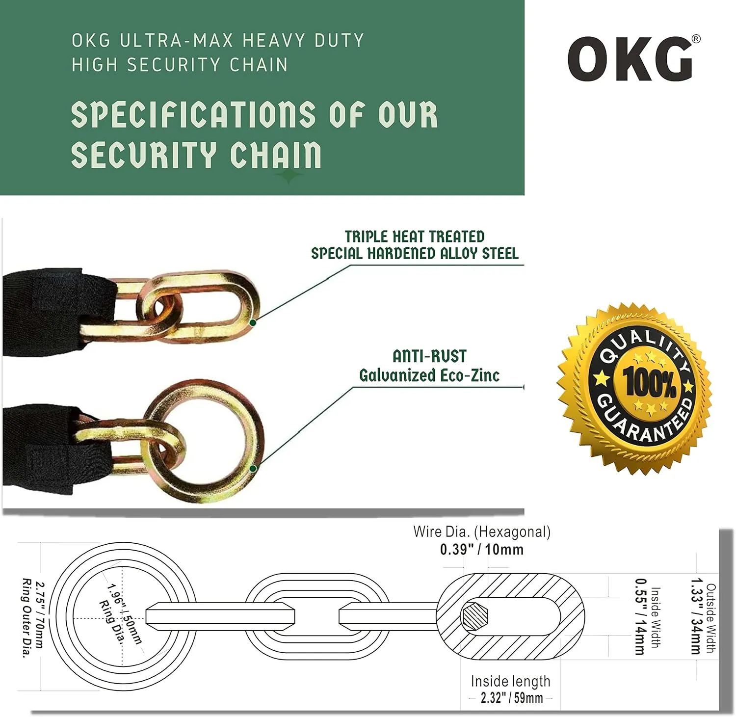 OKG Ultra Security Chain - 5.3ft x 3/8 in. Heavy Duty Bicycle Lock Chain - 10mm Special Hardened Alloy Steel - Ideal for Motorcycles, Generators, Ebikes