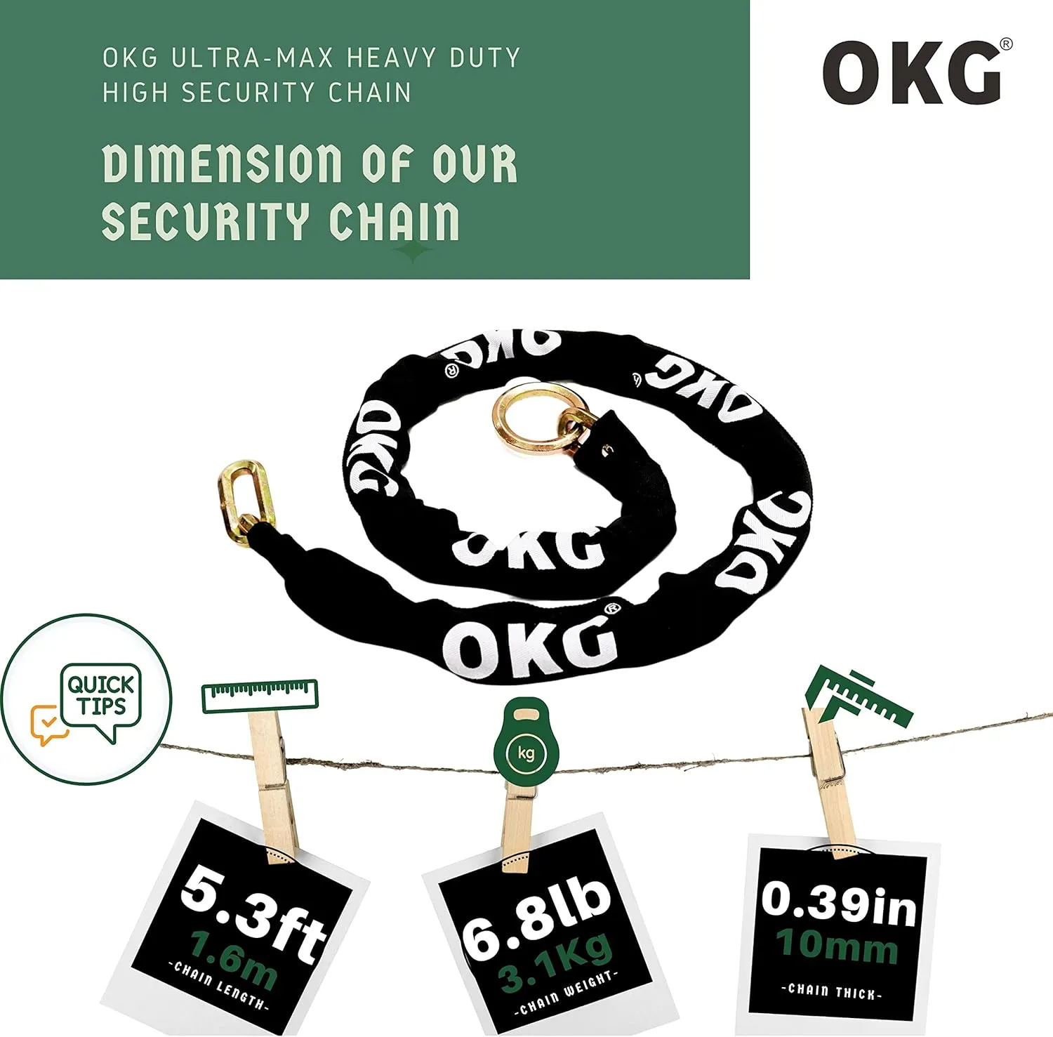 OKG Ultra Security Chain - 5.3ft x 3/8 in. Heavy Duty Bicycle Lock Chain - 10mm Special Hardened Alloy Steel - Ideal for Motorcycles, Generators, Ebikes