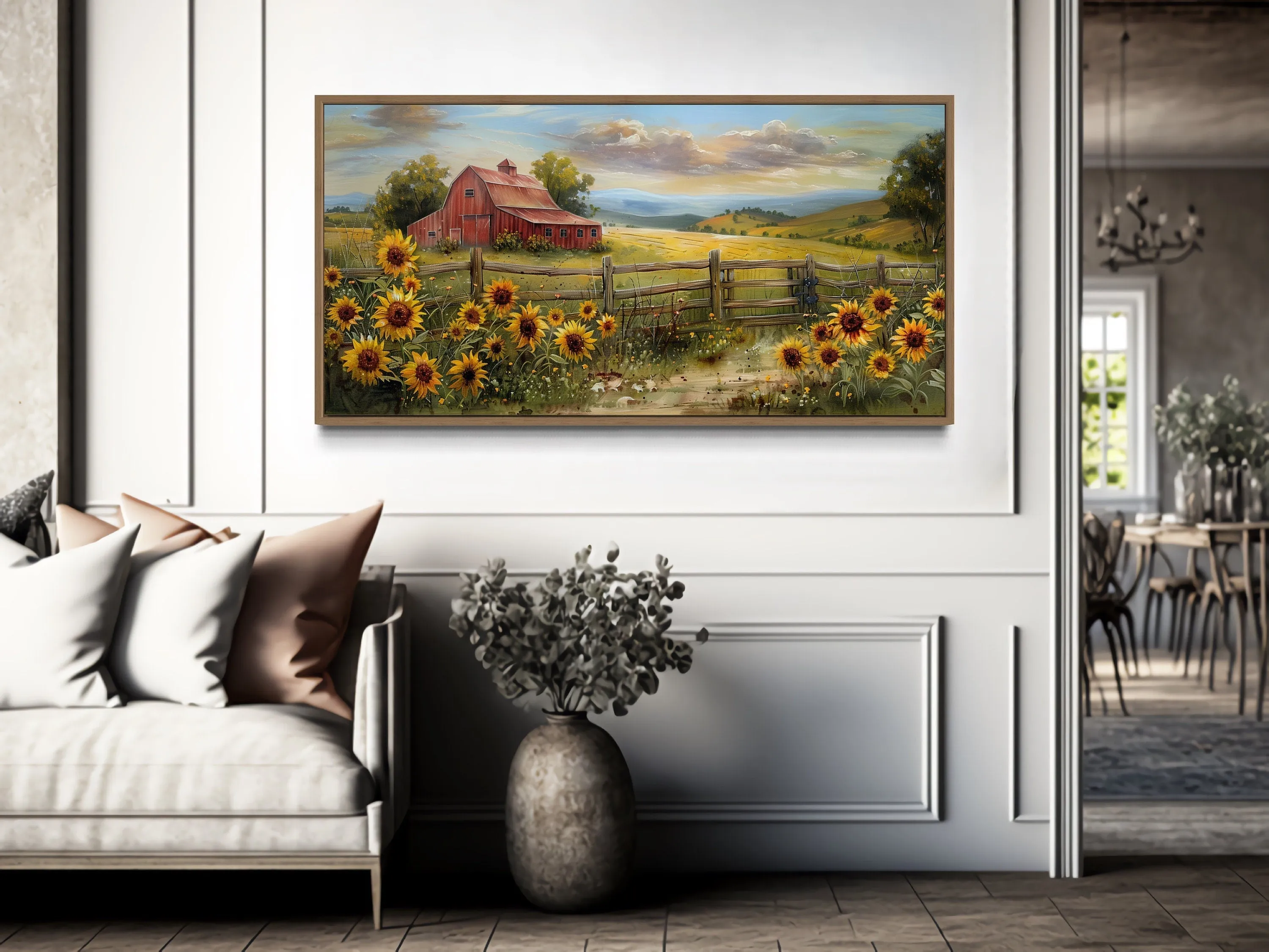 Old Red Barn On The Farm With Sunflowers Field Rustic Wall Art