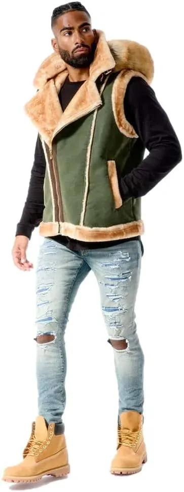 Olive Shearling Vest Coat_9370V Faux Leather