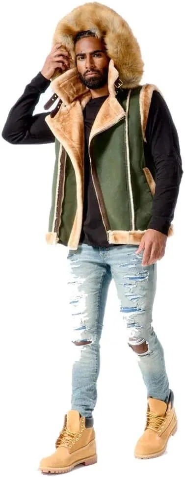 Olive Shearling Vest Coat_9370V Faux Leather