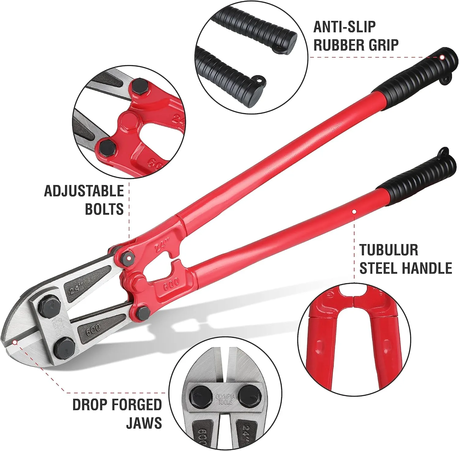 Olympia Tools 24" Heavy Duty Bolt Cutter with Drop Forged Alloy Steel and Ergonomic Grip Rubber Handles for for Cutting Fence, Steel Wire, Chain, Screws, Rivet