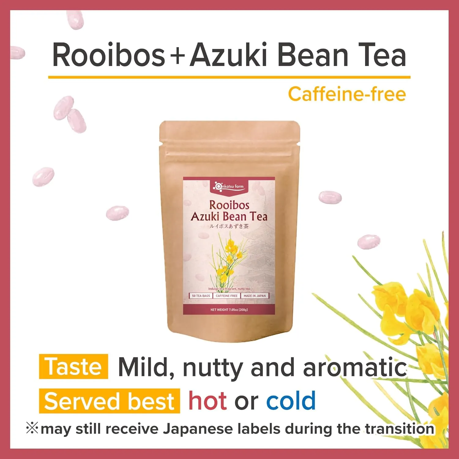 [Onkatsu Farm] Rooibos   Azuki Bean Tea - Non-Caffeinated - 50 Count Pyramid Tea Bags - Japanese Tea Made In Japan - English Label