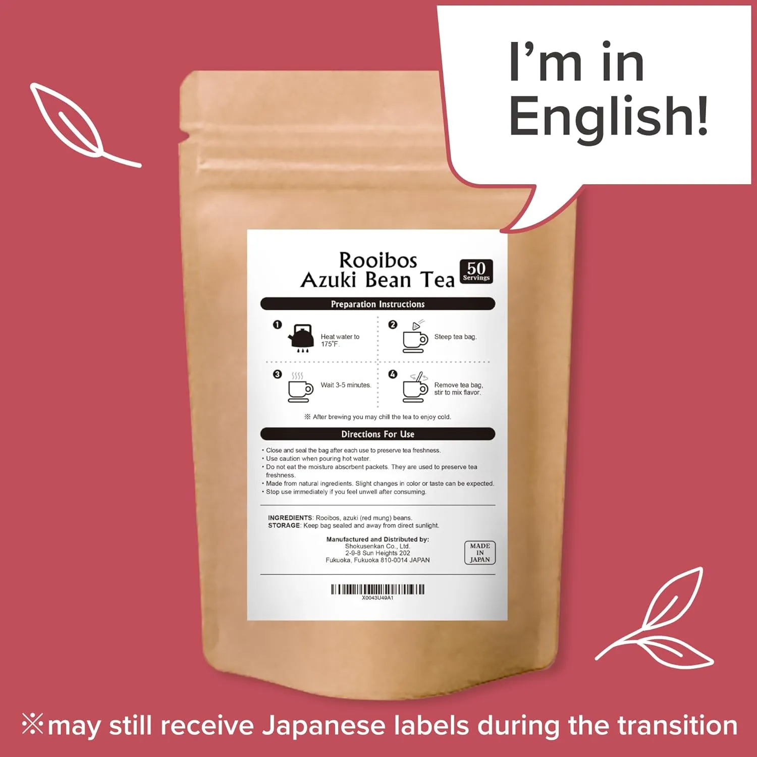 [Onkatsu Farm] Rooibos   Azuki Bean Tea - Non-Caffeinated - 50 Count Pyramid Tea Bags - Japanese Tea Made In Japan - English Label