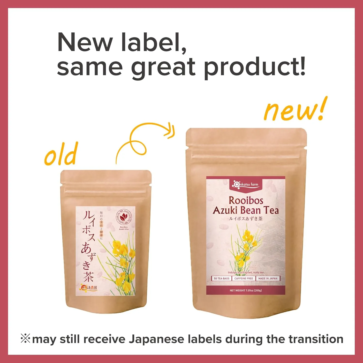 [Onkatsu Farm] Rooibos   Azuki Bean Tea - Non-Caffeinated - 50 Count Pyramid Tea Bags - Japanese Tea Made In Japan - English Label