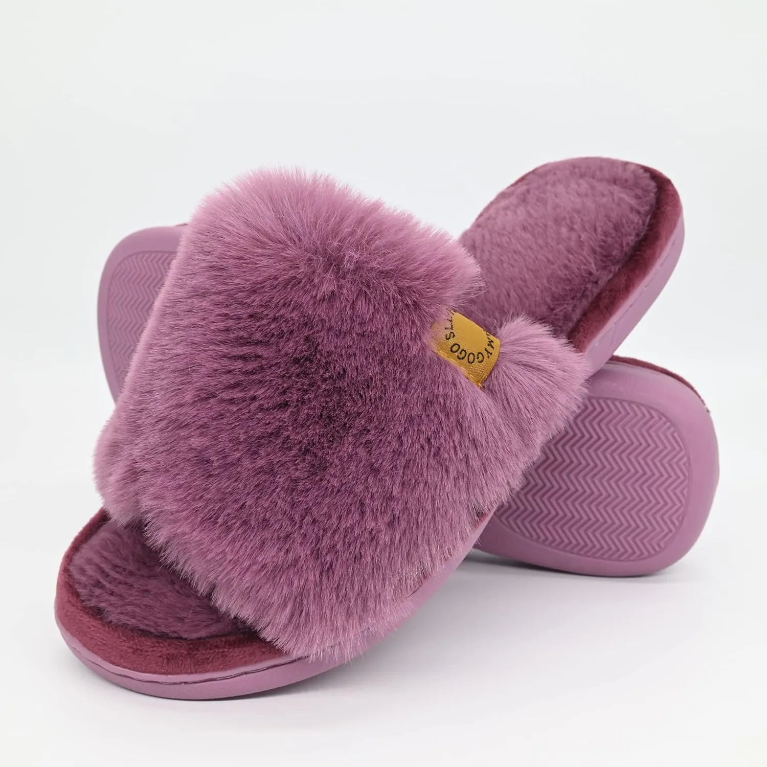 Onmygogo Indoor Slippers for Women Open Toe with Memory Foam, Soft Faux Fur Nonslip House Slippers