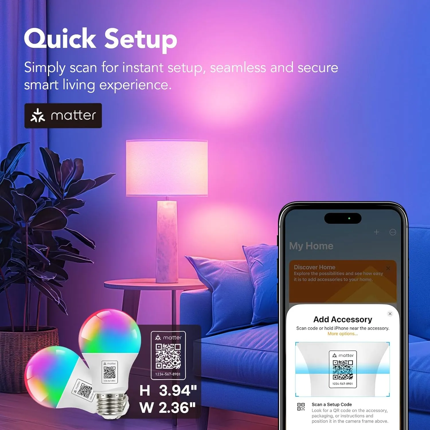 OREiN Matter Smart Light Bulb, Smart Light Bulbs with Remote Control Work with Apple Home, Alexa, Google Home, SmartThings, Color Changing Light Bulbs 2.4Ghz WiFi, 800 Lumens Equivalent 60W 6Pack
