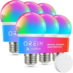 OREiN Matter Smart Light Bulb, Smart Light Bulbs with Remote Control Work with Apple Home, Alexa, Google Home, SmartThings, Color Changing Light Bulbs 2.4Ghz WiFi, 800 Lumens Equivalent 60W 6Pack